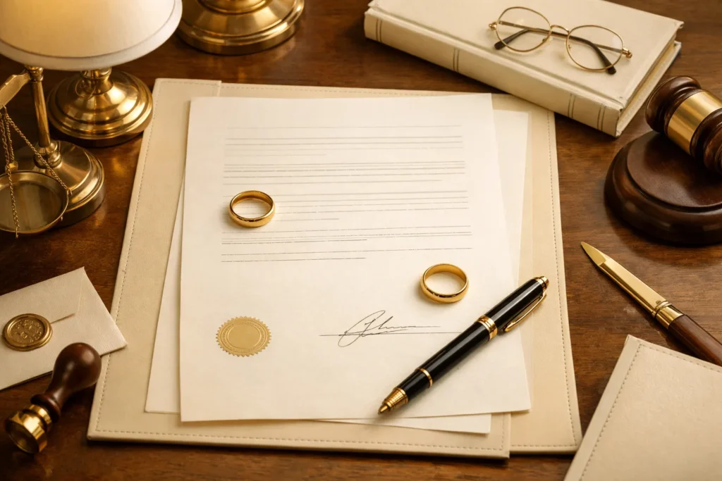 עלות גירושין בהסכמה - מסמכי הסכם גירושין על שולחן משרד עורכי דין